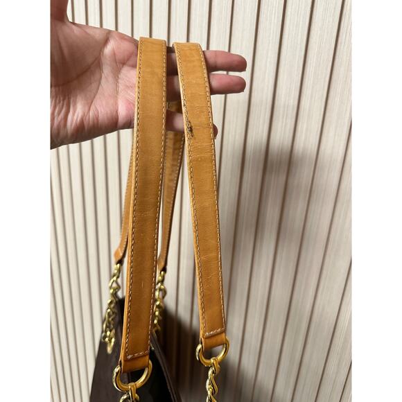 MCM Visetos Nylon Leather Logo Shoulder Tote Bag Brown Large Chain Straps - Picture 10 of 16